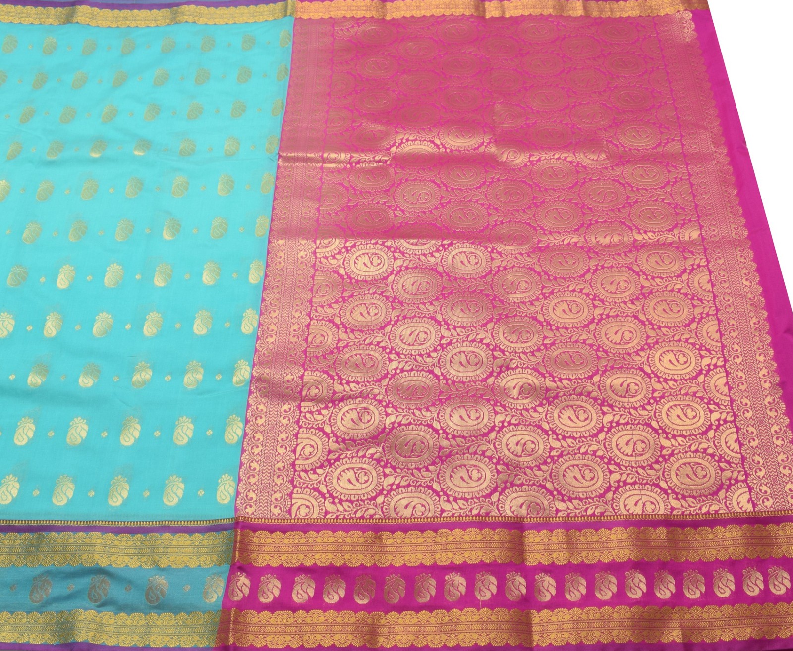 Indian Aqua Green Banarasi Sari Art Cotton Saree Blouse Fabric Gold Zari Woven
