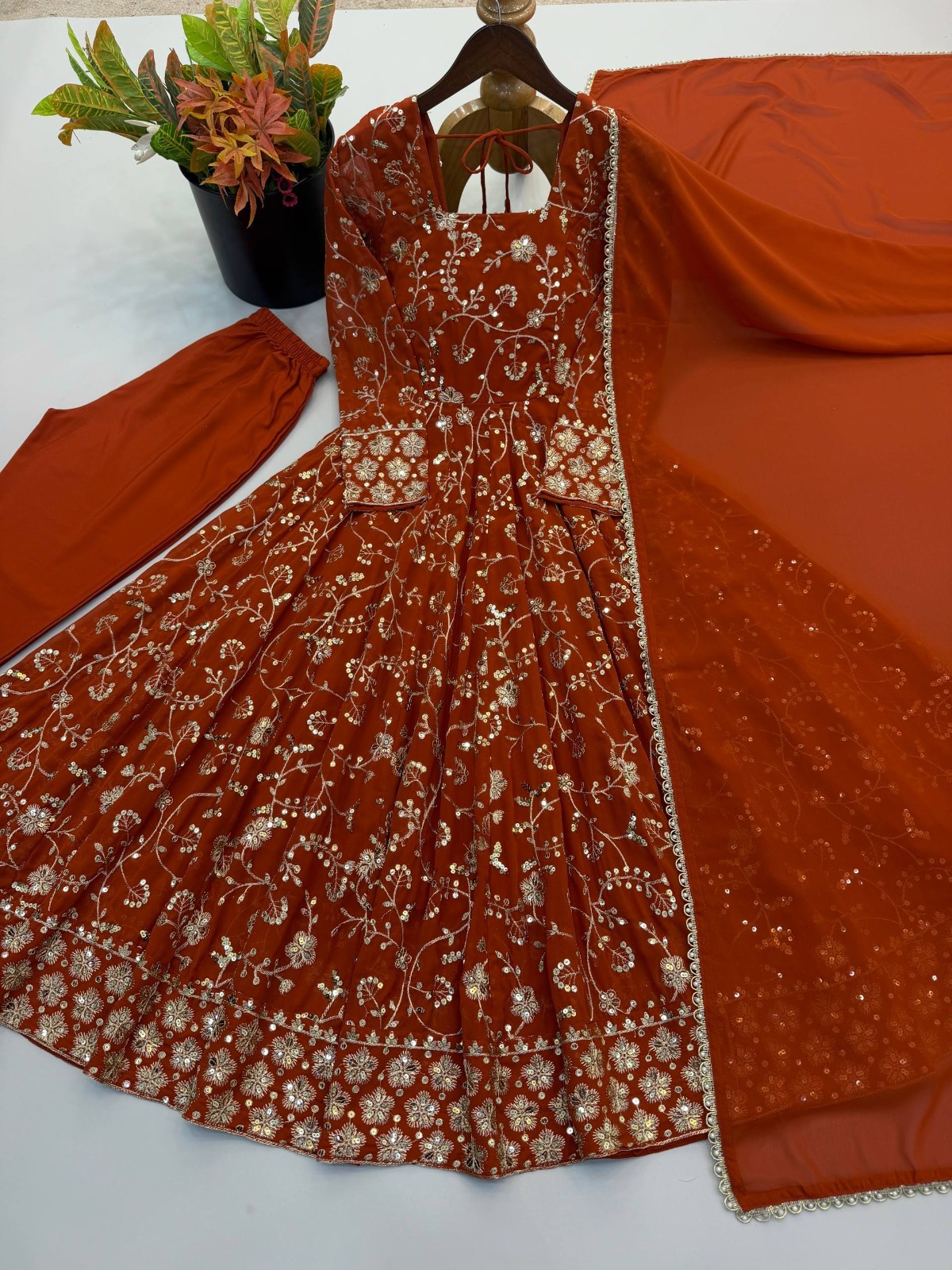 Attractive Look Rust Orange Faux Georgette Gown Bottom With Dupatta For Women’s