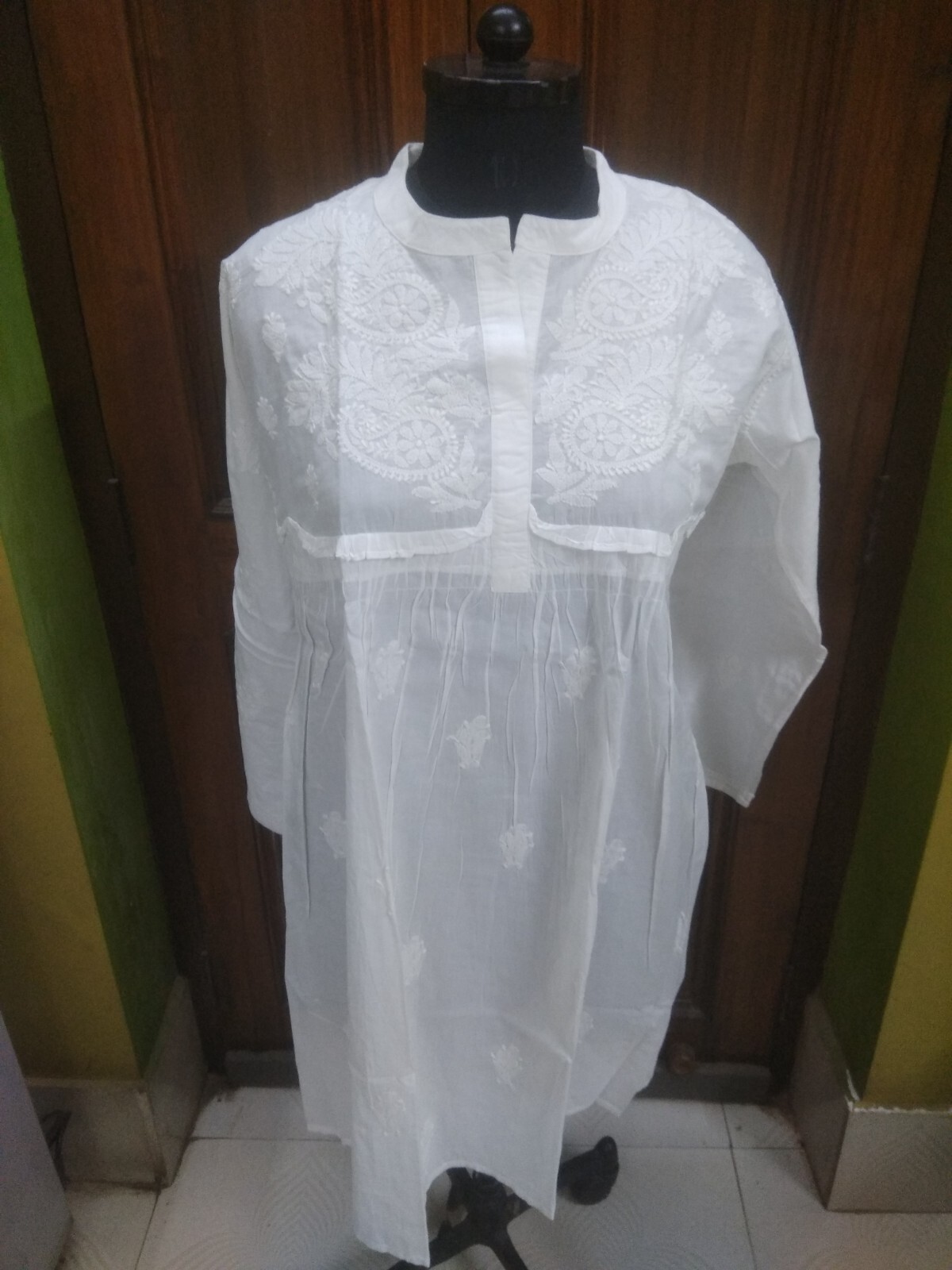 RARE L 42″ KURTA 100% COTTON HANDMADE TOP ETHNIC CHIKAN EMBROIDERY KURTI TUNIC