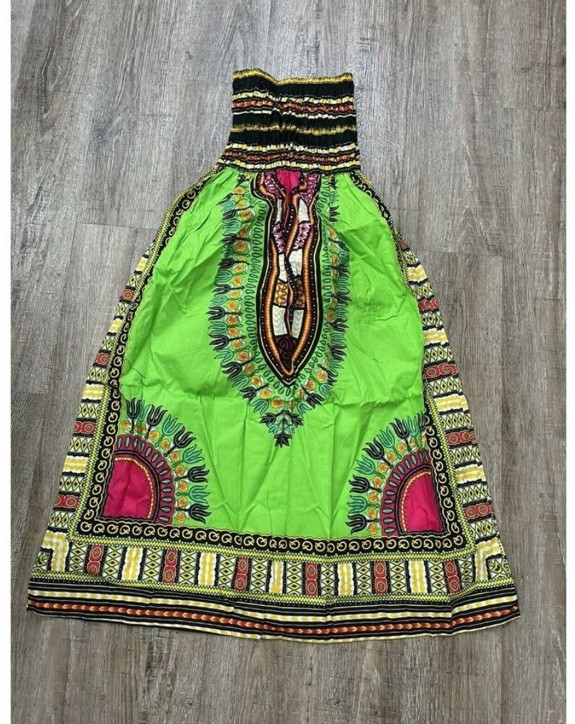 Traditional Dashiki Print Elastic Waist Maxi Skirt Lime Green Womens One Size