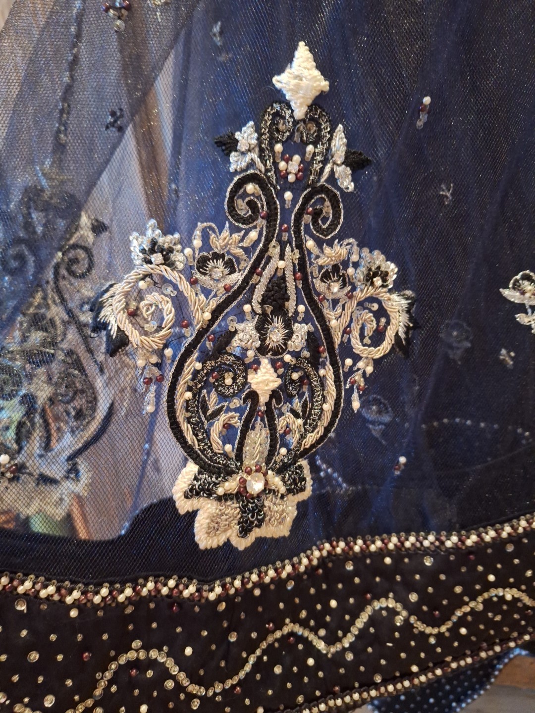 Sari, Black lehenga choli with sequins, beads, and multi thread embroidery, Med.
