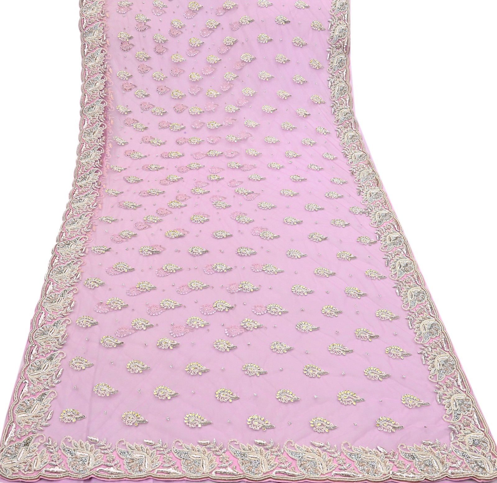 Indian Vintage Sari Pink Net/Mesh Hand Embroidered Anamika Khanna Designer Saree