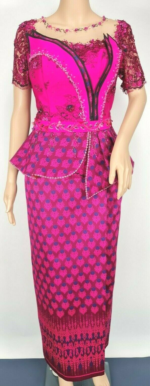 Cambodia Khmer Traditional Out fit Women Sz L Deep Pink Lace Korean Silk Skirt