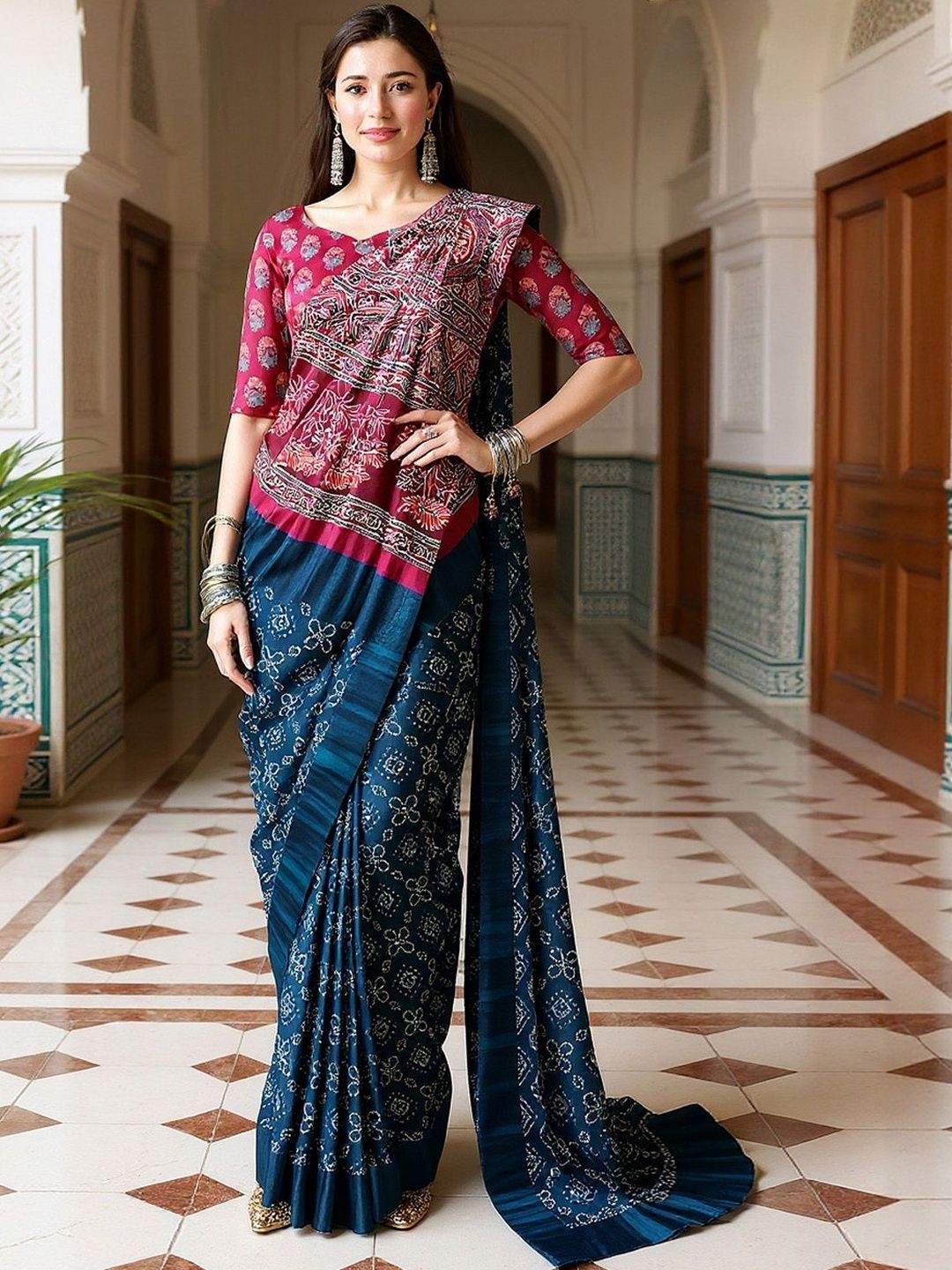 Designer Silk Blend Dabu Saree Ethnic Motifs Indian Traditional Sari with Blouse