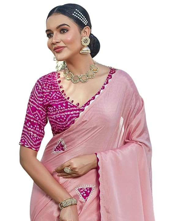 Women’s Cotton Silk Patch and Stone Work Saree With Unstitched Blouse Piece