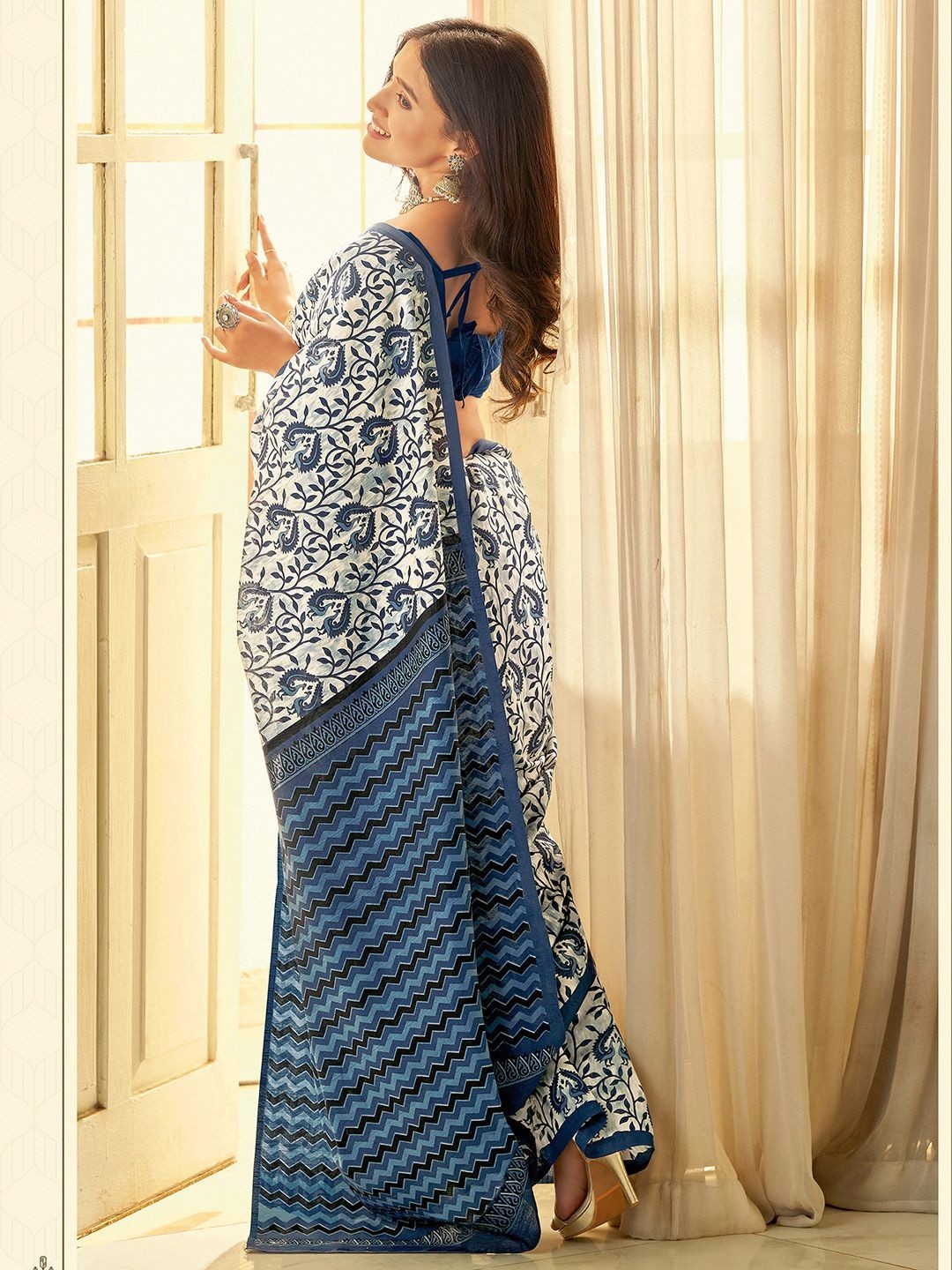 Designer Silk Blend Dabu Saree Ethnic Motifs Indian Traditional Sari with Blouse