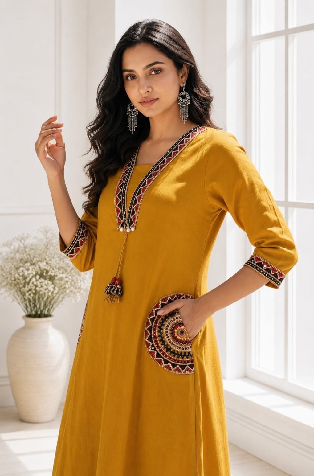 Ethnic motifs Thread work Cotton Kurta with Palazzo. Colour – Blue/Yellow/Red