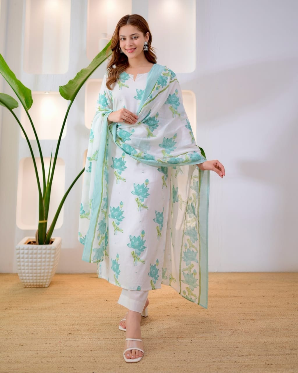 Indian Hand Block Print Cotton Kurta Pant Dupatta Set Women Lotus Salwar Kameez