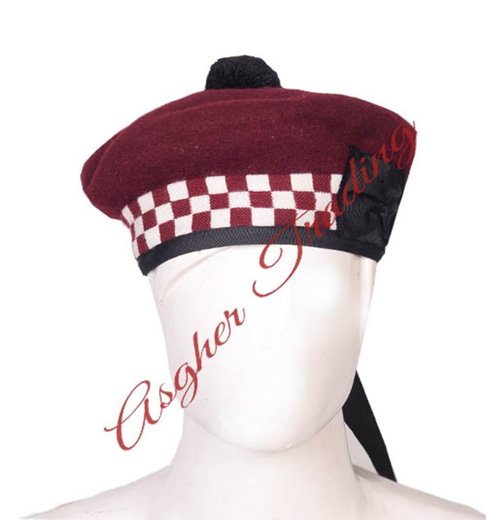 Scottish Military Traditional Kilt Cap – Balmoral Bonnet Diced Hats 100% Wool