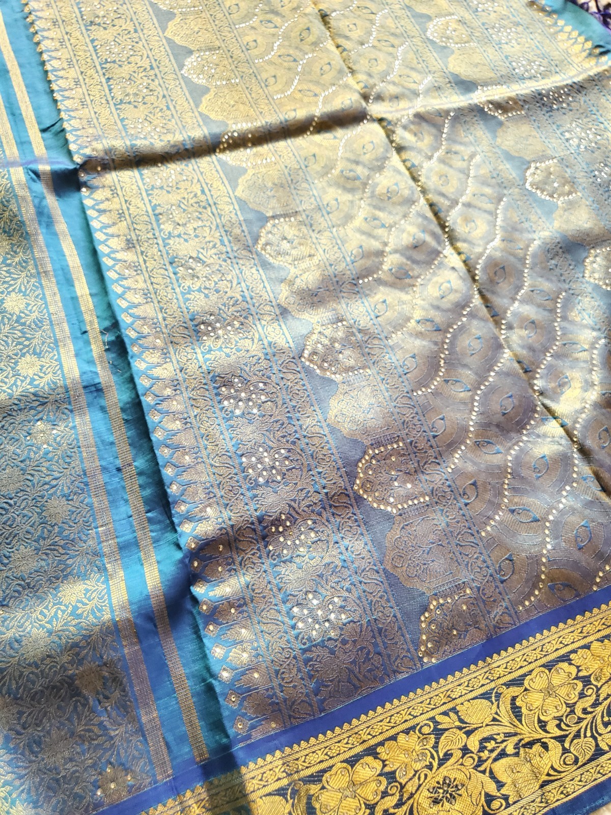 Women Pure Silk Brocade Stonework Kanjivaram Saree Designer Party Wedding Festiv