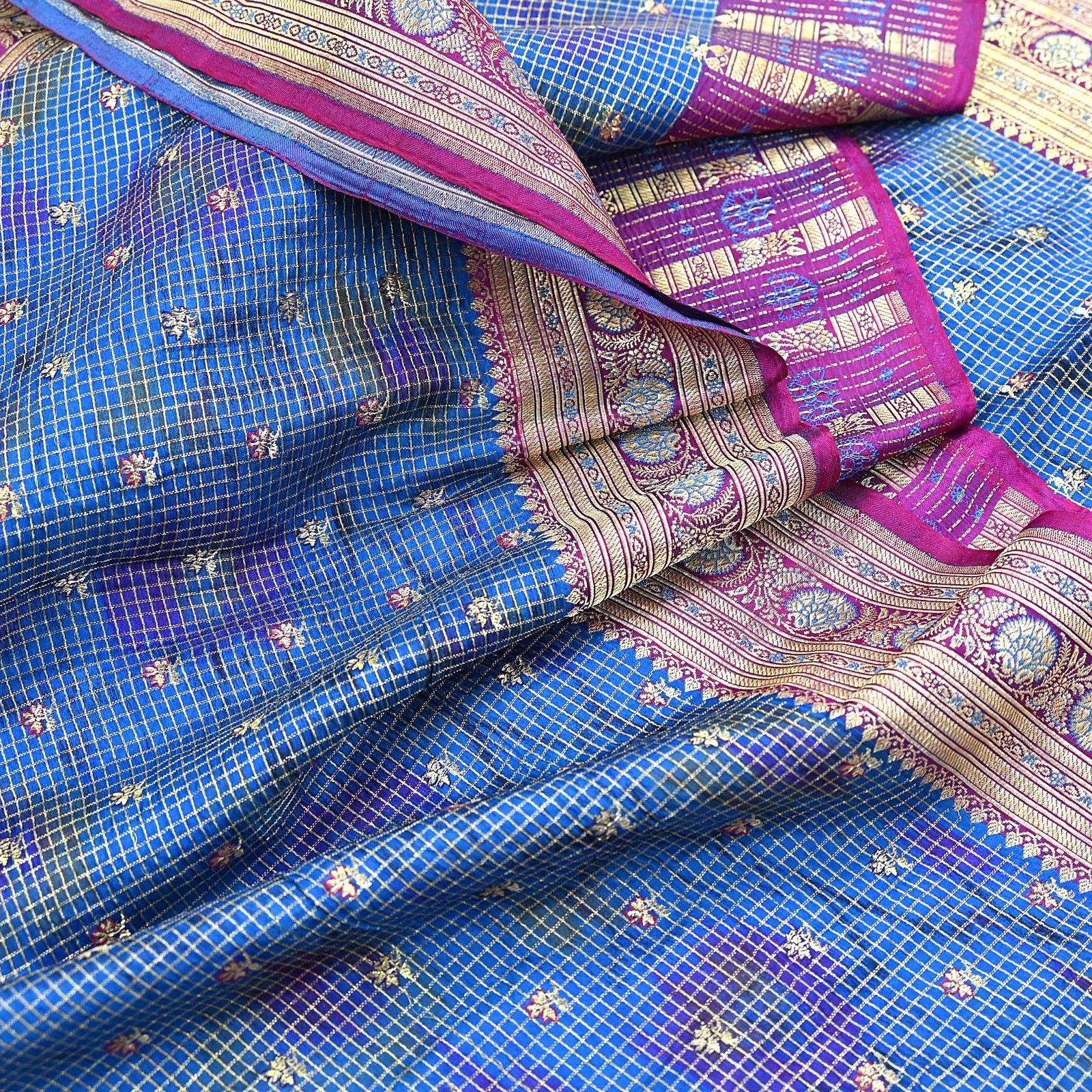 Indian Vintage Blue Heavy Sari Pure Satin Silk Woven Banarasi Tanchoi Saree 5yd