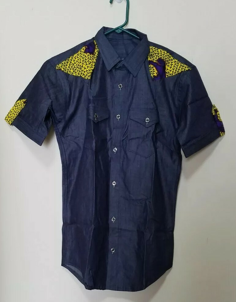 Men’s Ankara On Jean Shirt African Dashiki Blue Multi Color Armpit-size: 19.5″