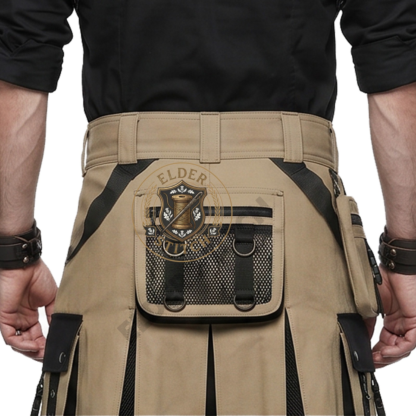 Men’s Utility Kilt Tan Black Cargo Cotton Tactical Hybrid Kilt for Festivals
