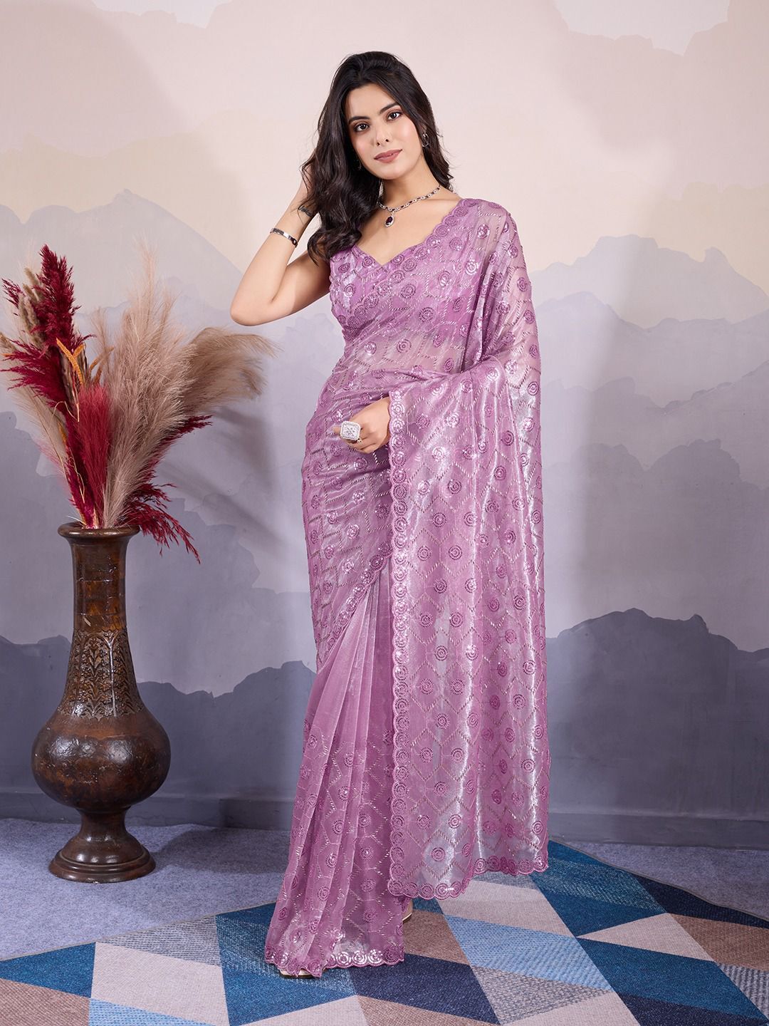 Function Party Wear Twill Net Sequence Work Saree, New Indian Wedding Sari ZA-CV