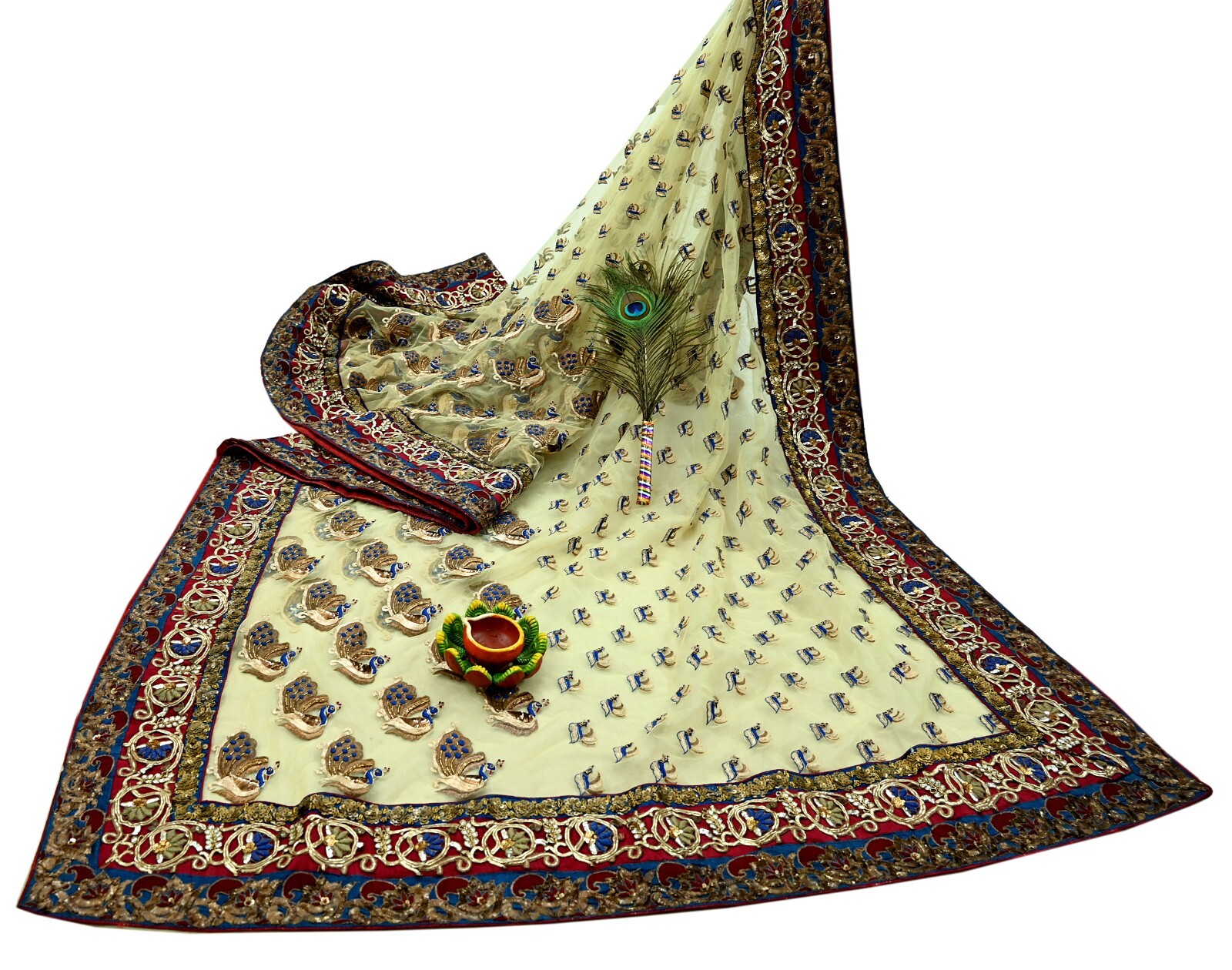 Indian Pre-owned Sari Ivory Net Hand Embroidered Anamika Khanna Designer Sarees
