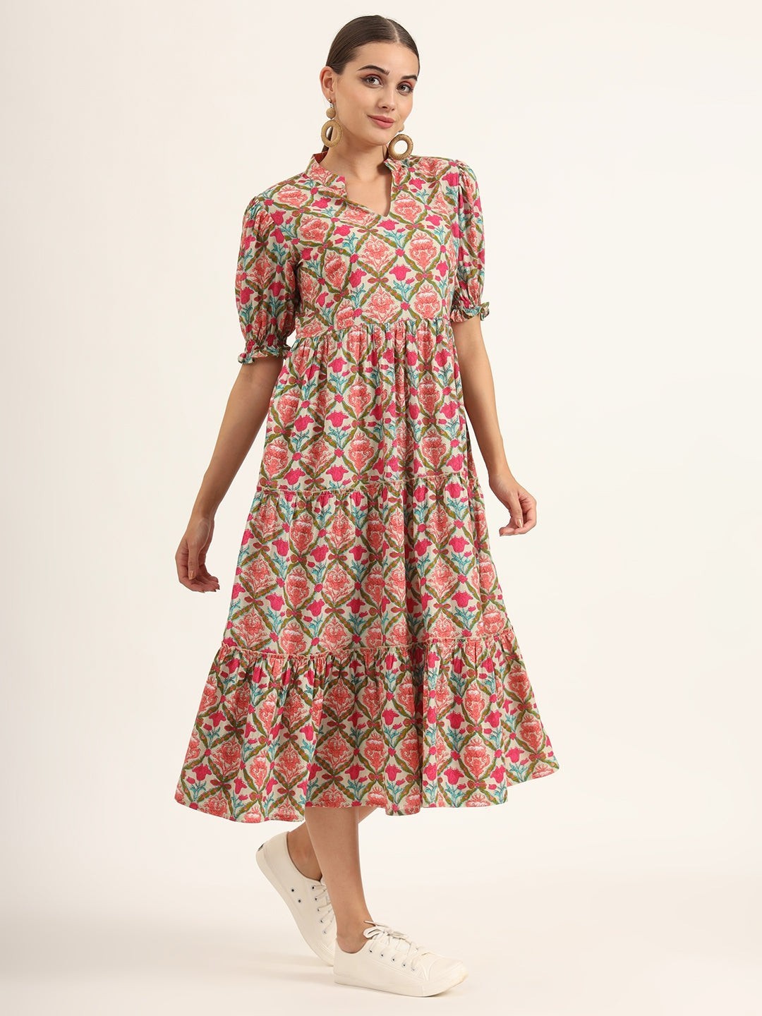 Multi Color Floral Print Midi Dress Plus Size & Regular | Flowy Boho Midi Dress