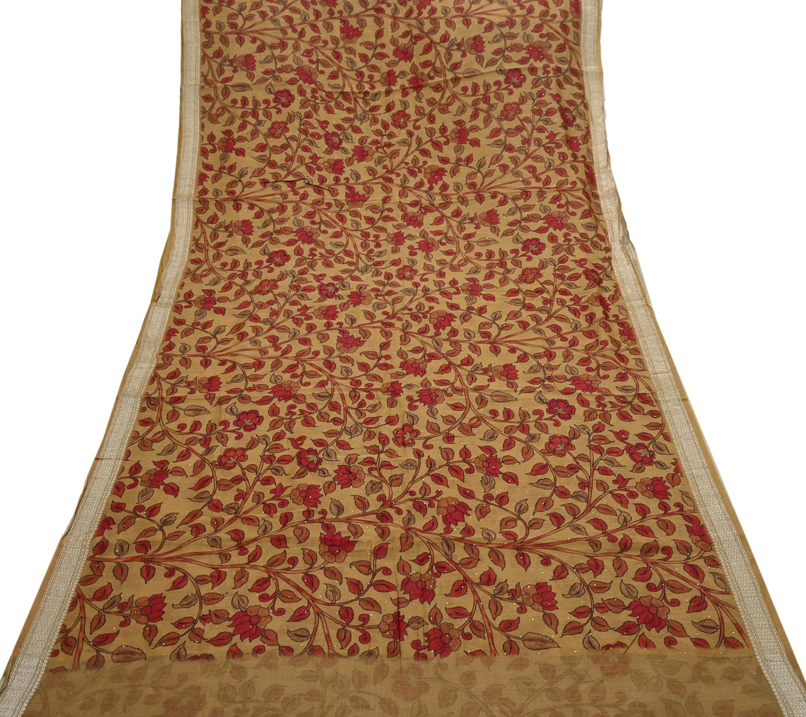 Indian Vintage Sari Pure chanderi Silk Kalamkari Print Saree Craft Fabric 5Yd