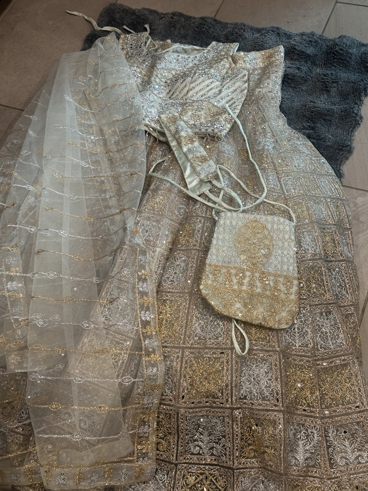 Embellished Gold Beige Choli Set with Skirt, Dupatta, Purse for Women