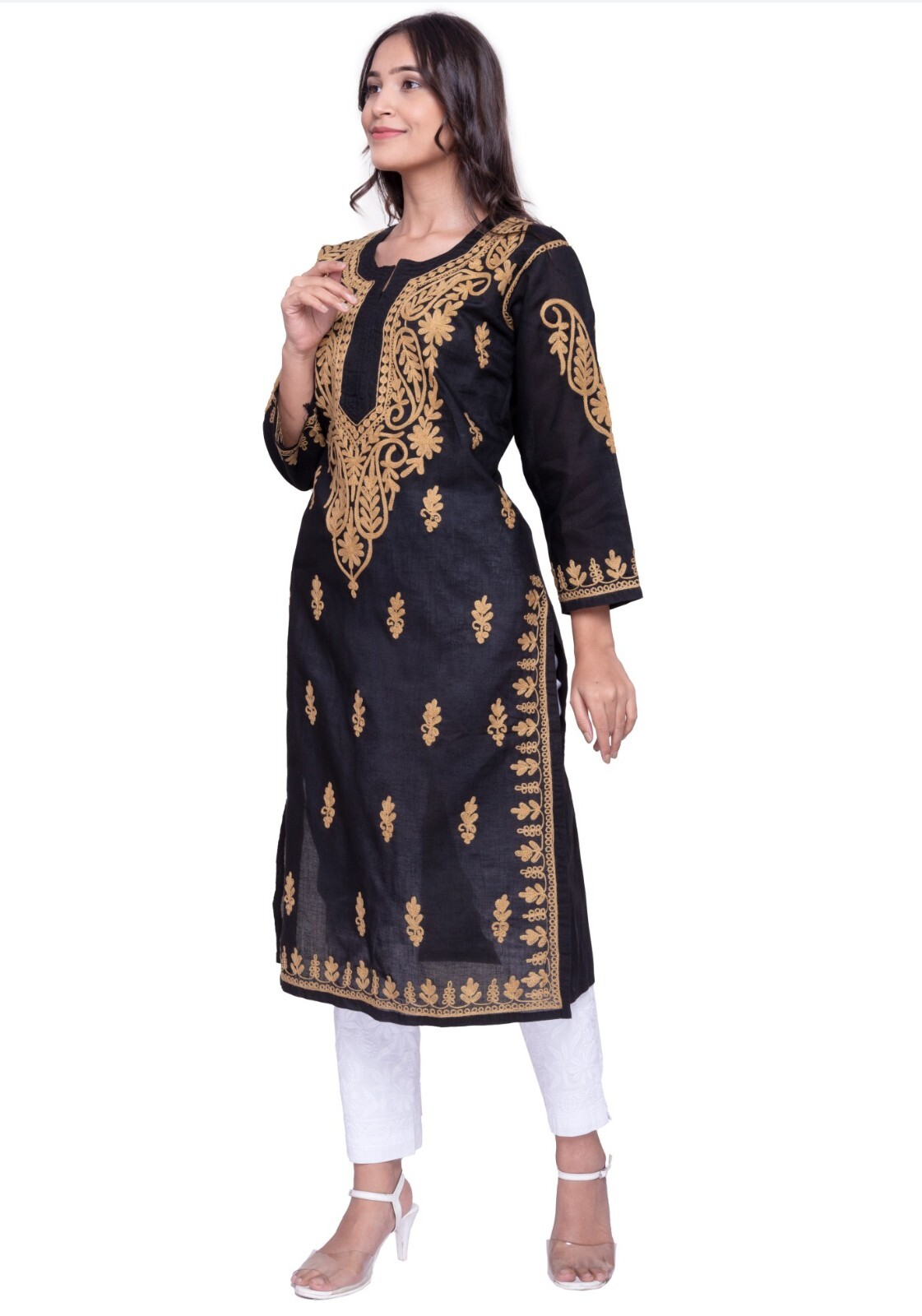Chikankari kurti aari work black color soft cotton fabric festive & daily wear