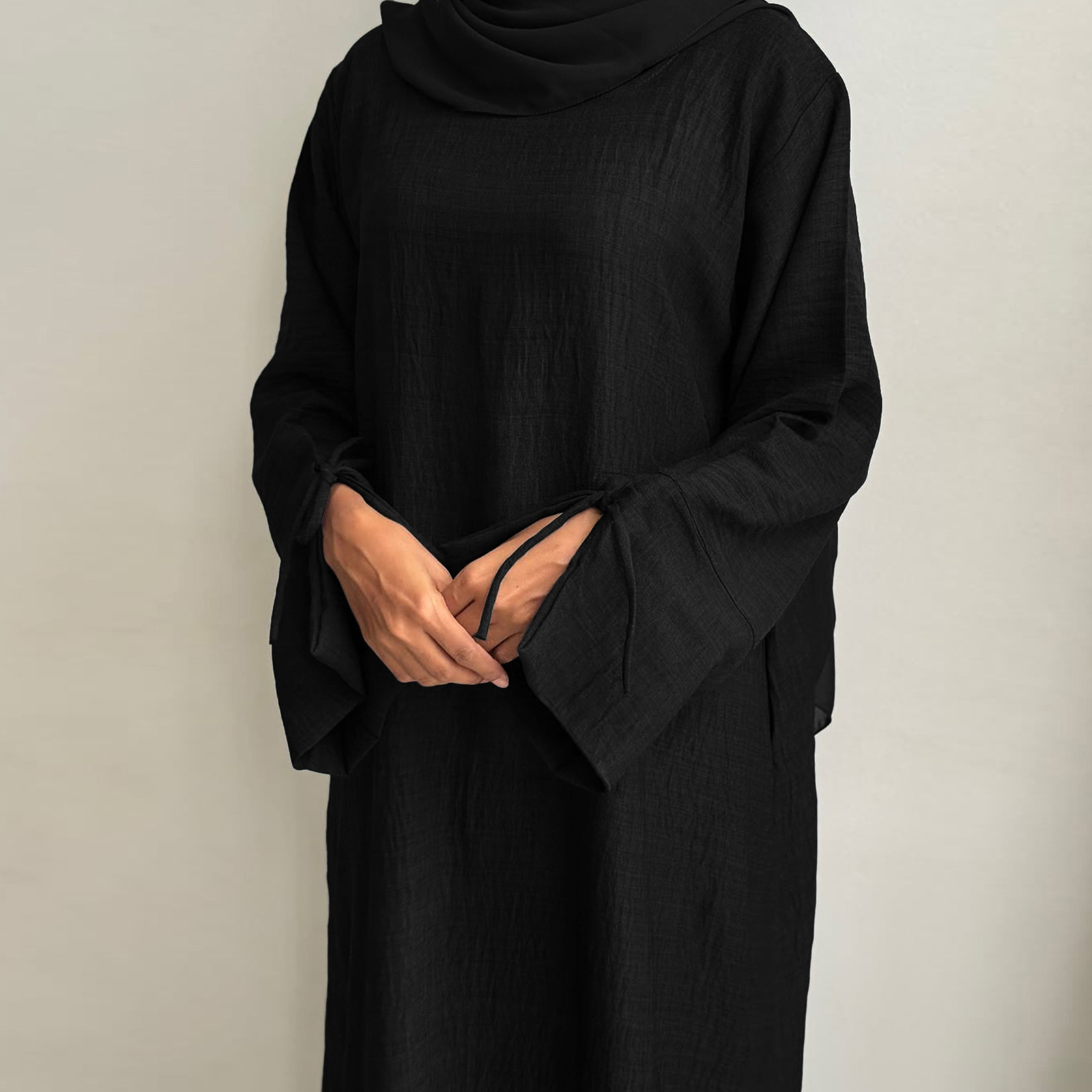 Women Muslim Arab Solid Color Ramadan Dress Loose Slit Long Sleeve Robe