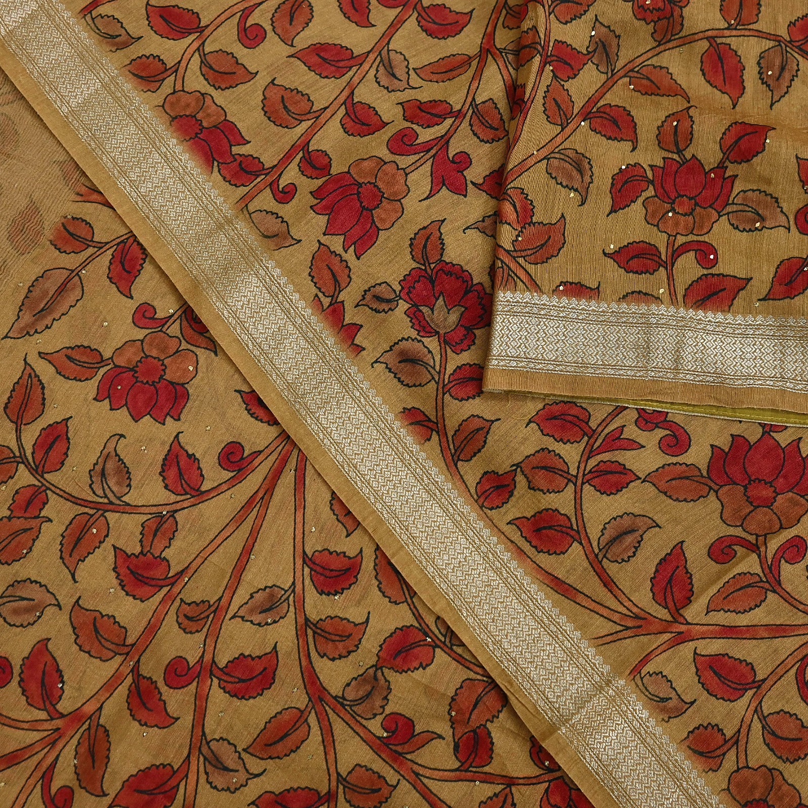Indian Vintage Sari Pure chanderi Silk Kalamkari Print Saree Craft Fabric 5Yd