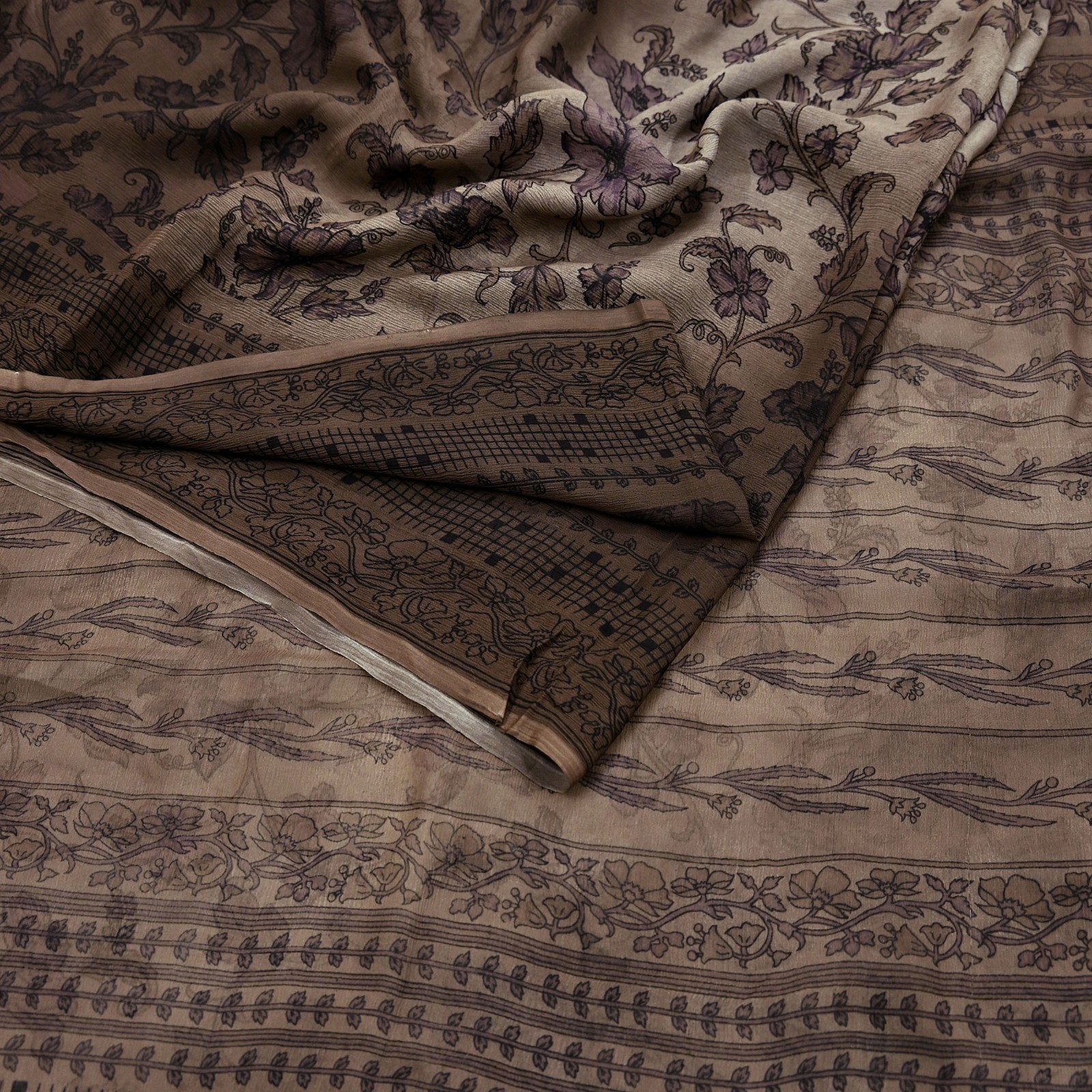 Vintage Brown Pure Chiffon Silk Saree Printed Abstract 5 Yard Fabric Dressmaking