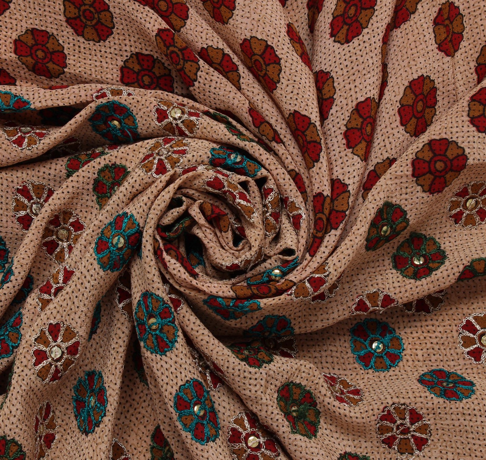 Sushila Vintage Cream Sari Pure Crepe Silk Embroidered Floral Sari 5 Yard Fabric