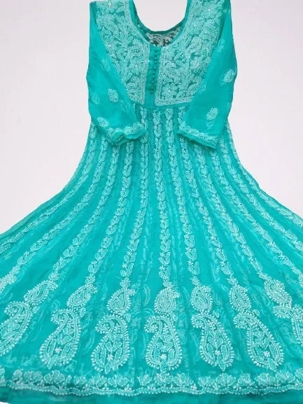 Turquoise Handcrafted Georgette Chikankari Kurti for Women Lucknowi Ethnic Wear