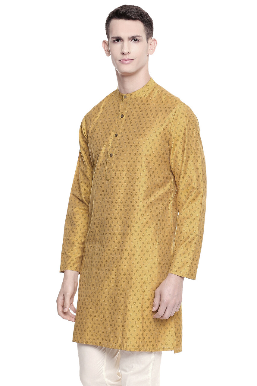 In-Sattva Men’s Mandarin Collar Micro Dobby Fine Print Mustard Kurta Tunic