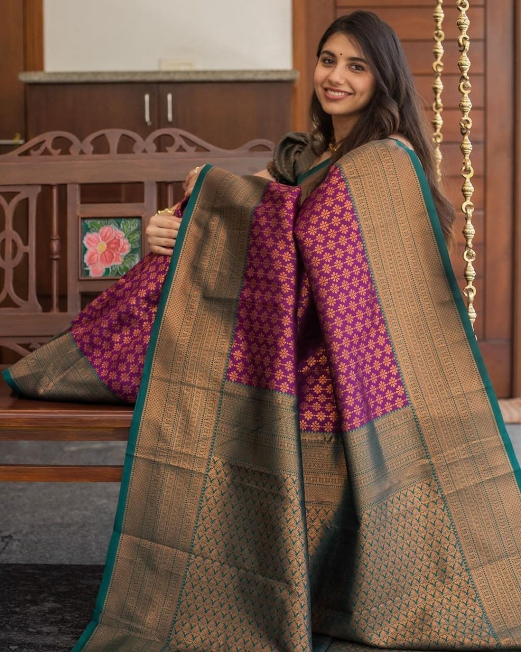Purple Green Lichi Silk Saree Indian Wedding Wear Contrast Jacquard Blouse Sari