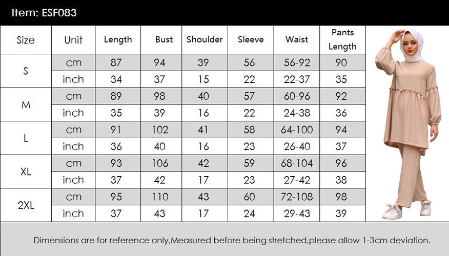 Dubai Women Muslim Set Long Blouse Top Pants Islamic Kaftan Robe Arab Outfits
