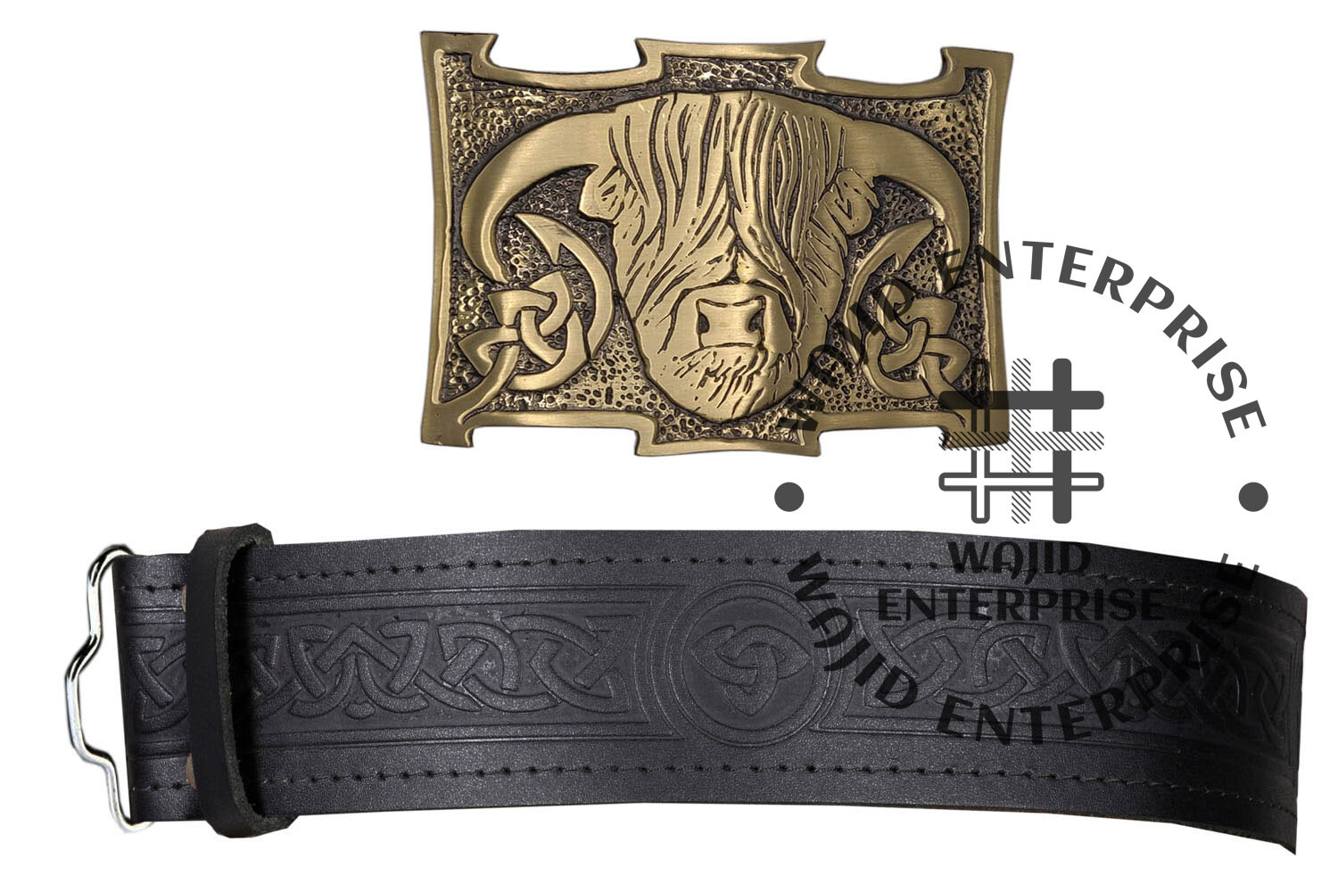 Scottish Traditional Kilt Real Black Leather Belts Embossed With Antique Buckles