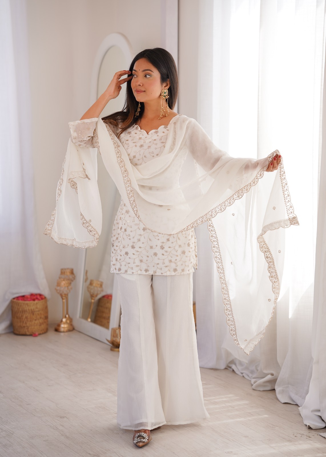 Readymade White Floral Embroidered Kurta Palazzo Dupatta Wedding Party Wear Set
