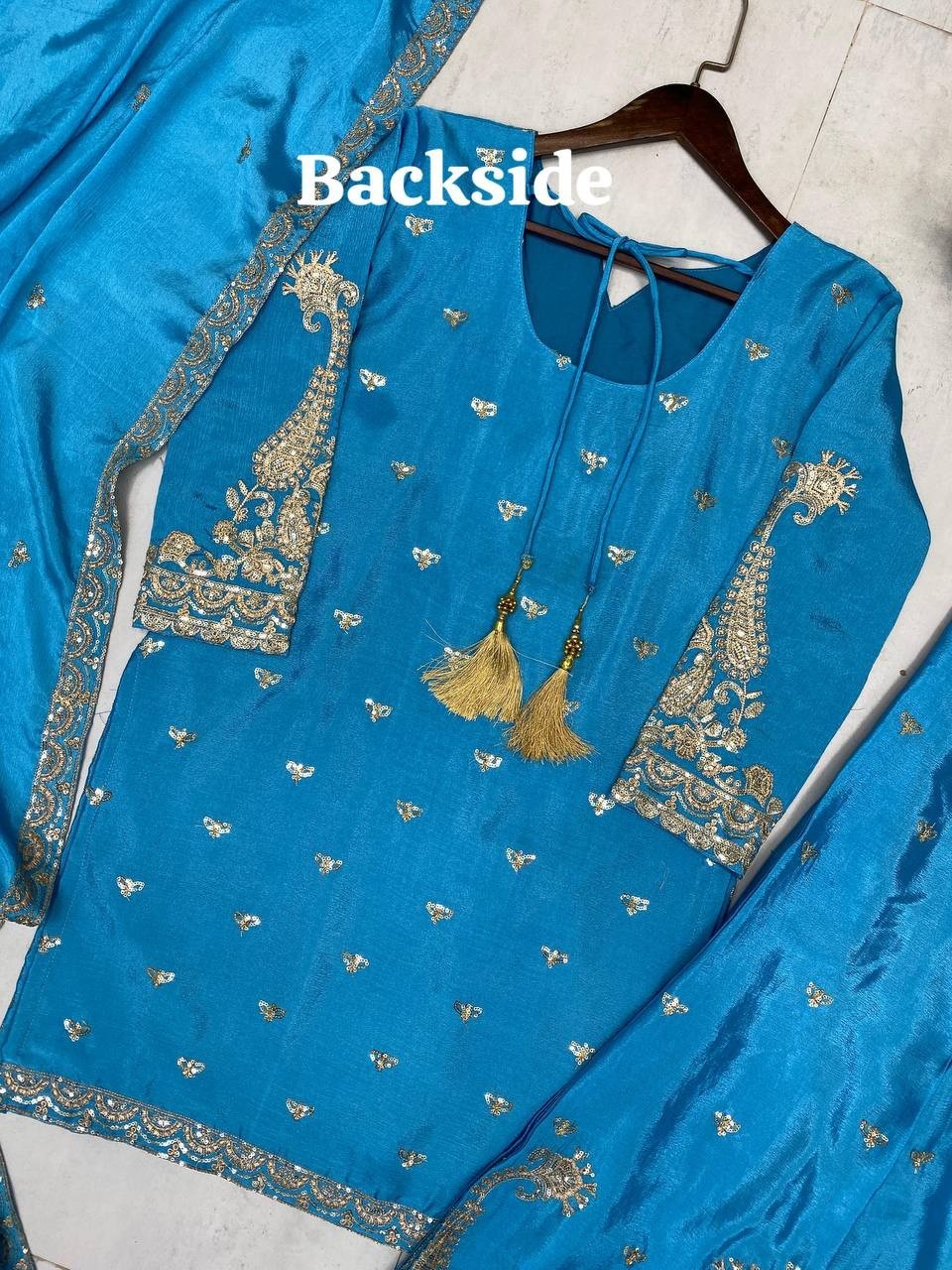 Beautiful Chinon Silk Sky Blue Top Palazzo With Dupatta For Party Wear