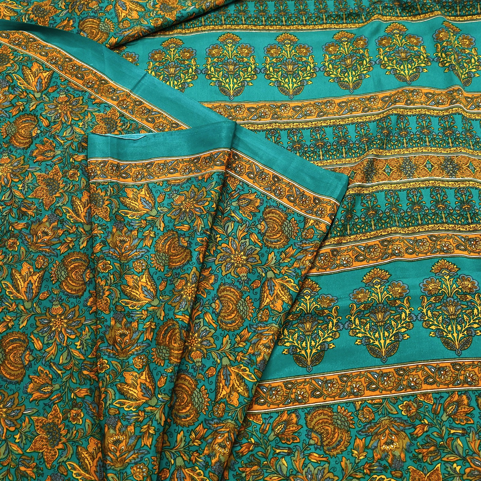 Indian Vintage Green Moss Crepe Saree Printed Floral Sari Fabric 6 Yards Soft