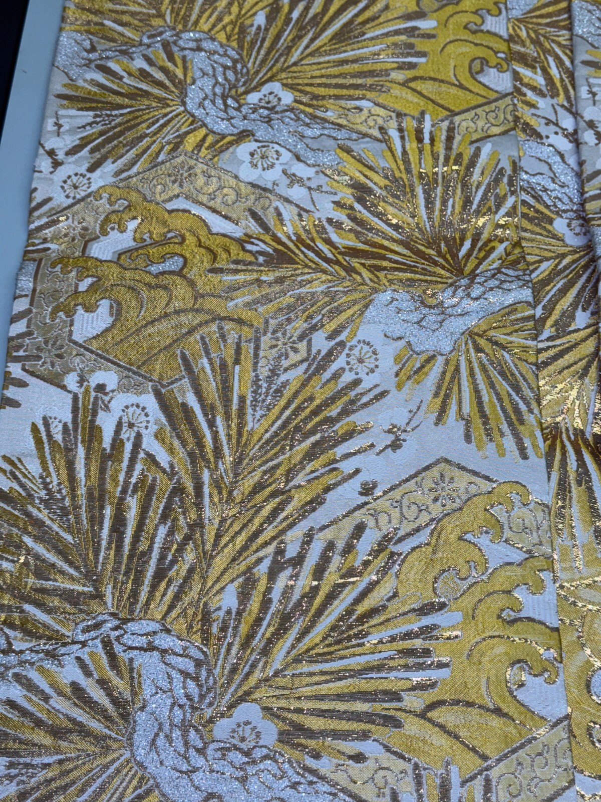 Japanese Vintage Kimono Maru Obi silk Gold Embroidery Reversible 153.5×11.8in
