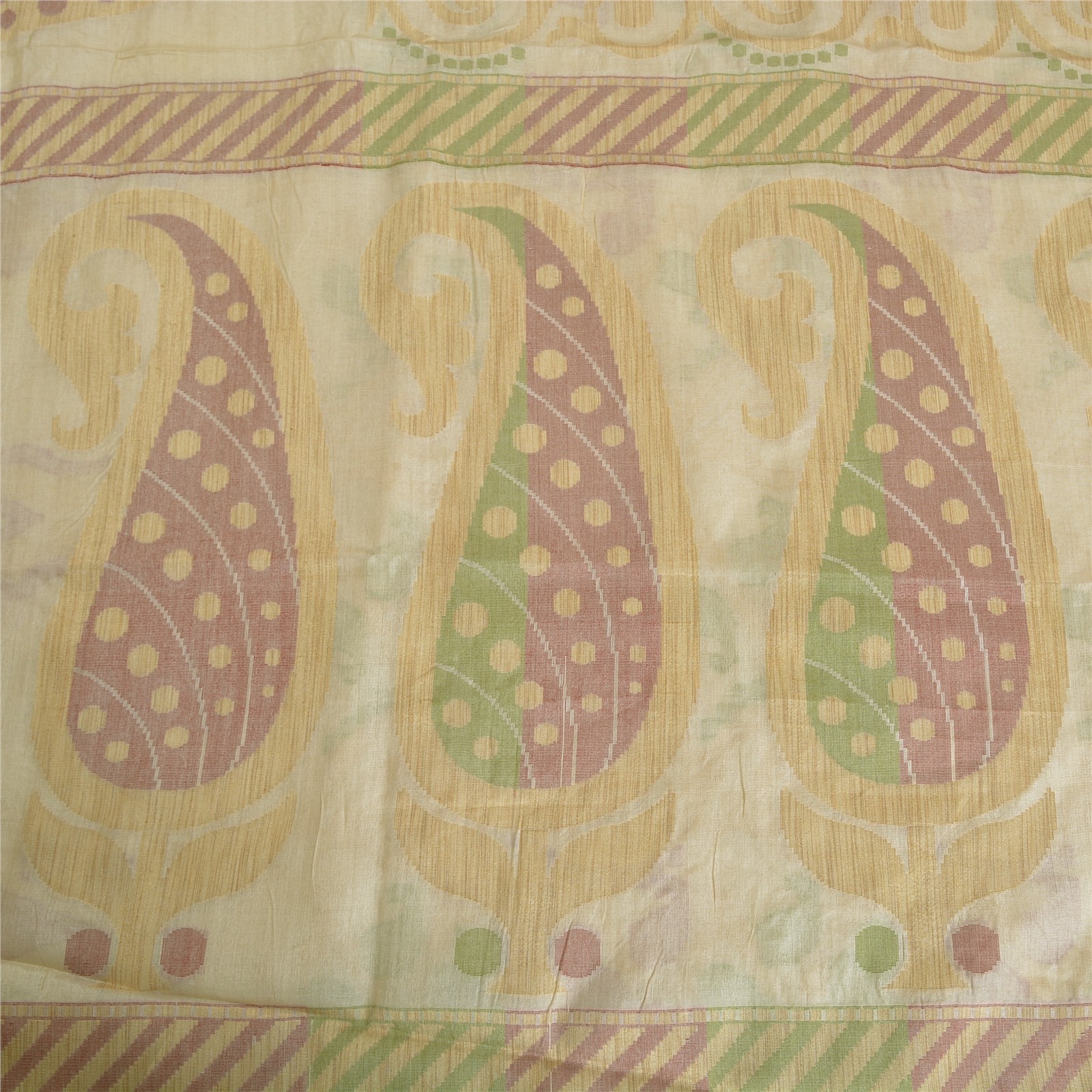 Sanskriti Vintage Ivory Indian Sarees Blend Silk Woven Sari Craft 5 Yard Fabric