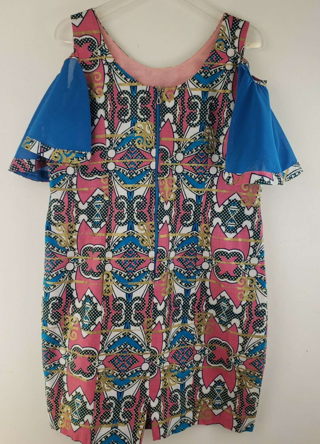 AFRICAN Ankara Print Cotton Cold Shoulder Shift Dress Pink/Blue Multi Color…