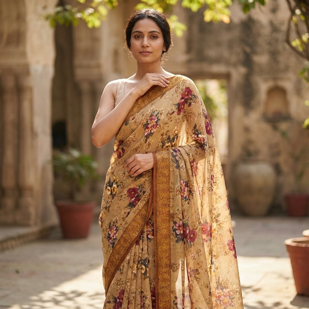 Sanskriti Vintage Saree Brown Georgette Digital Print Floral Sari 5 Yard Fabric