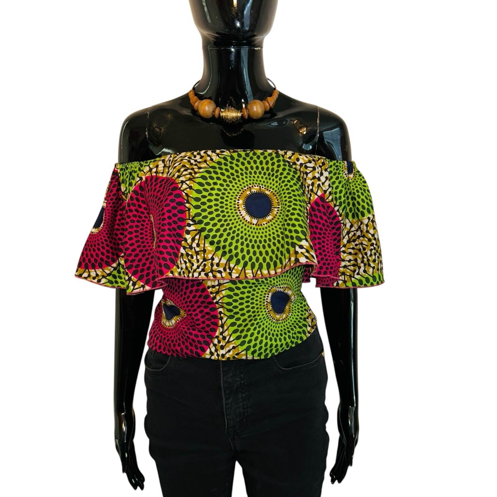 African Print, Green & Pink Women Off The Shoulder Top ￼