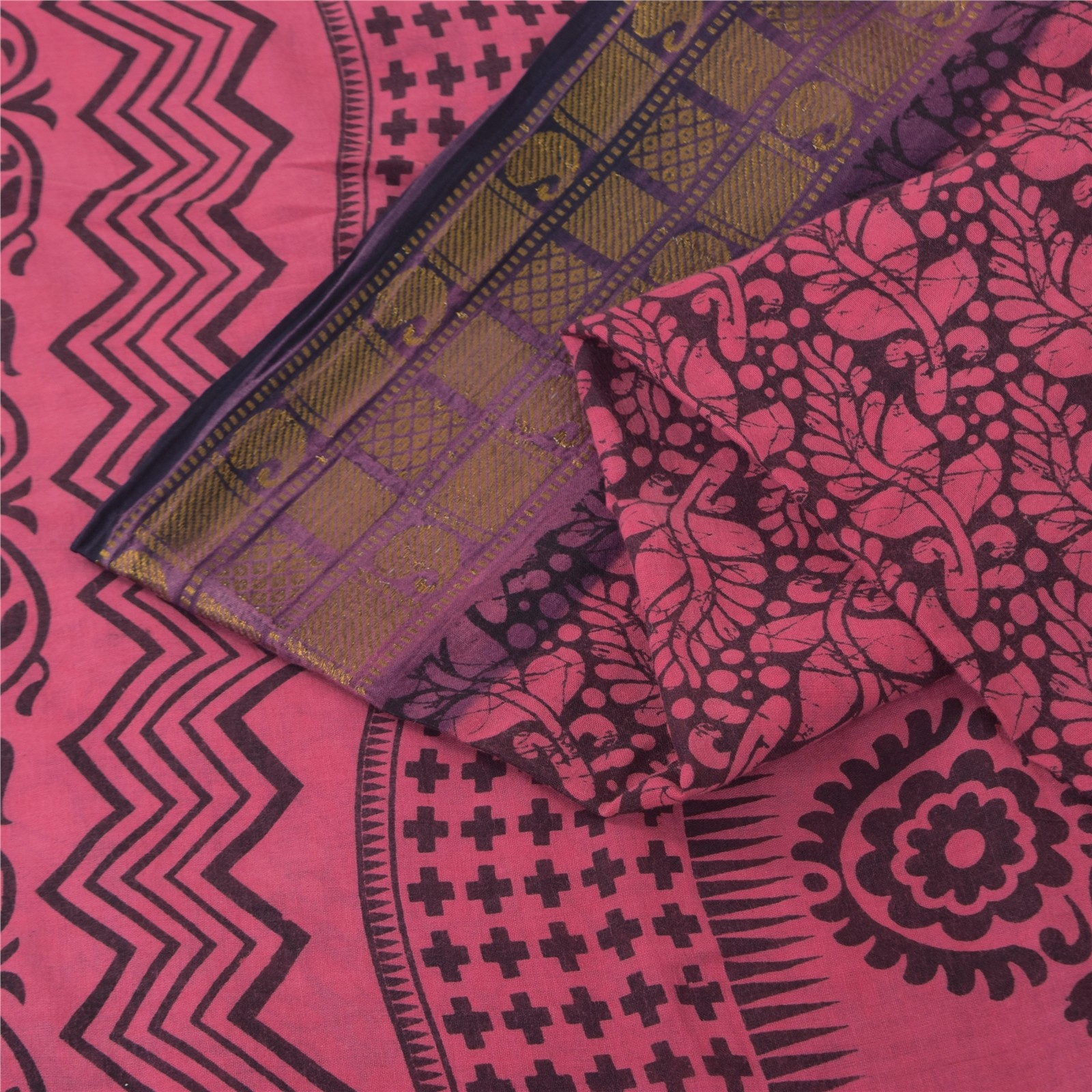 Sanskriti Vintage Sarees Pink & Black Block Print Zari Pure Cotton Sari Fabric