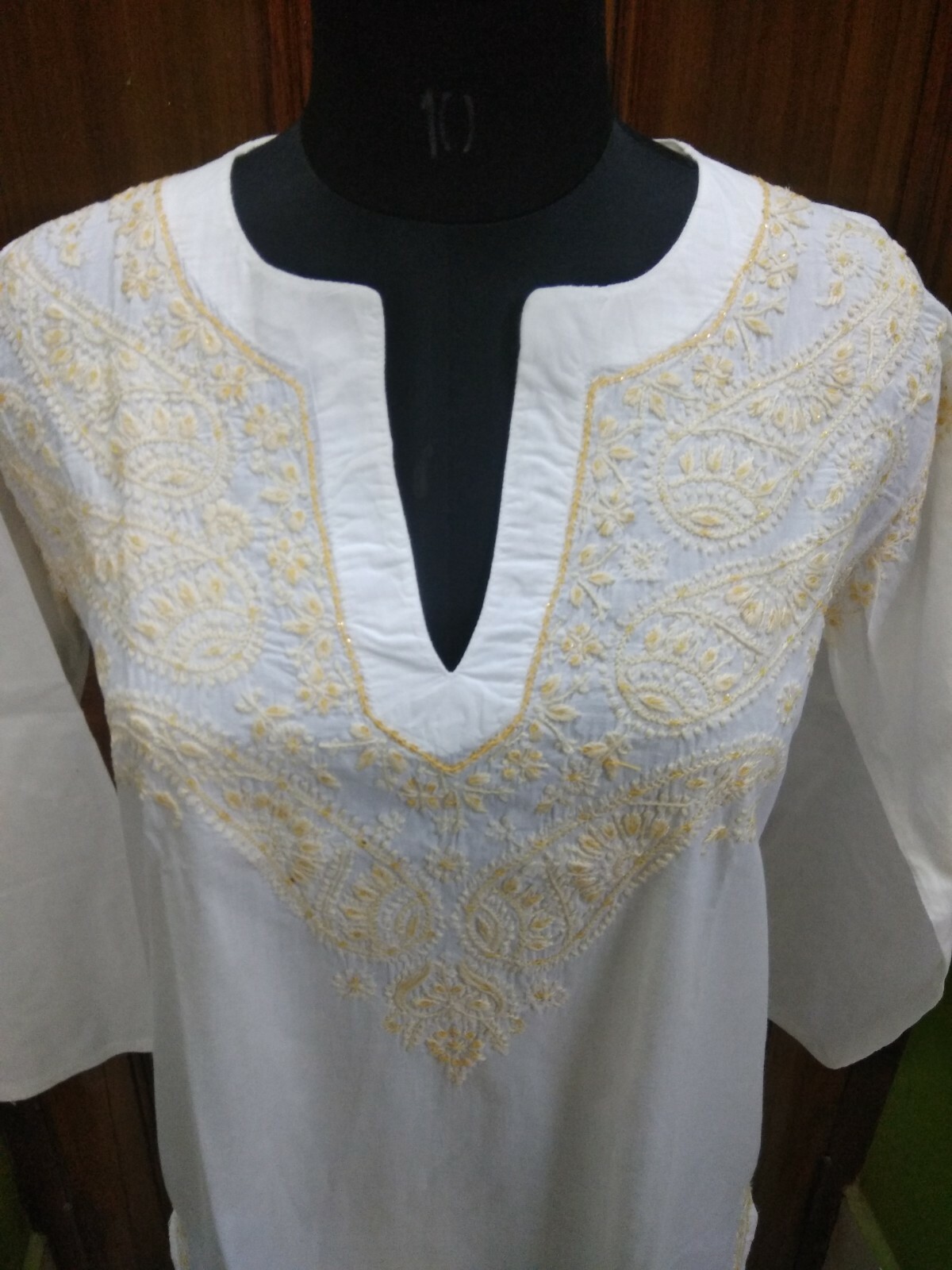 L 42″ SEQUINS WORK WITH CHIKAN EMBROIDERY 100% COTTON HANDMADE KURTA TOP KURTI