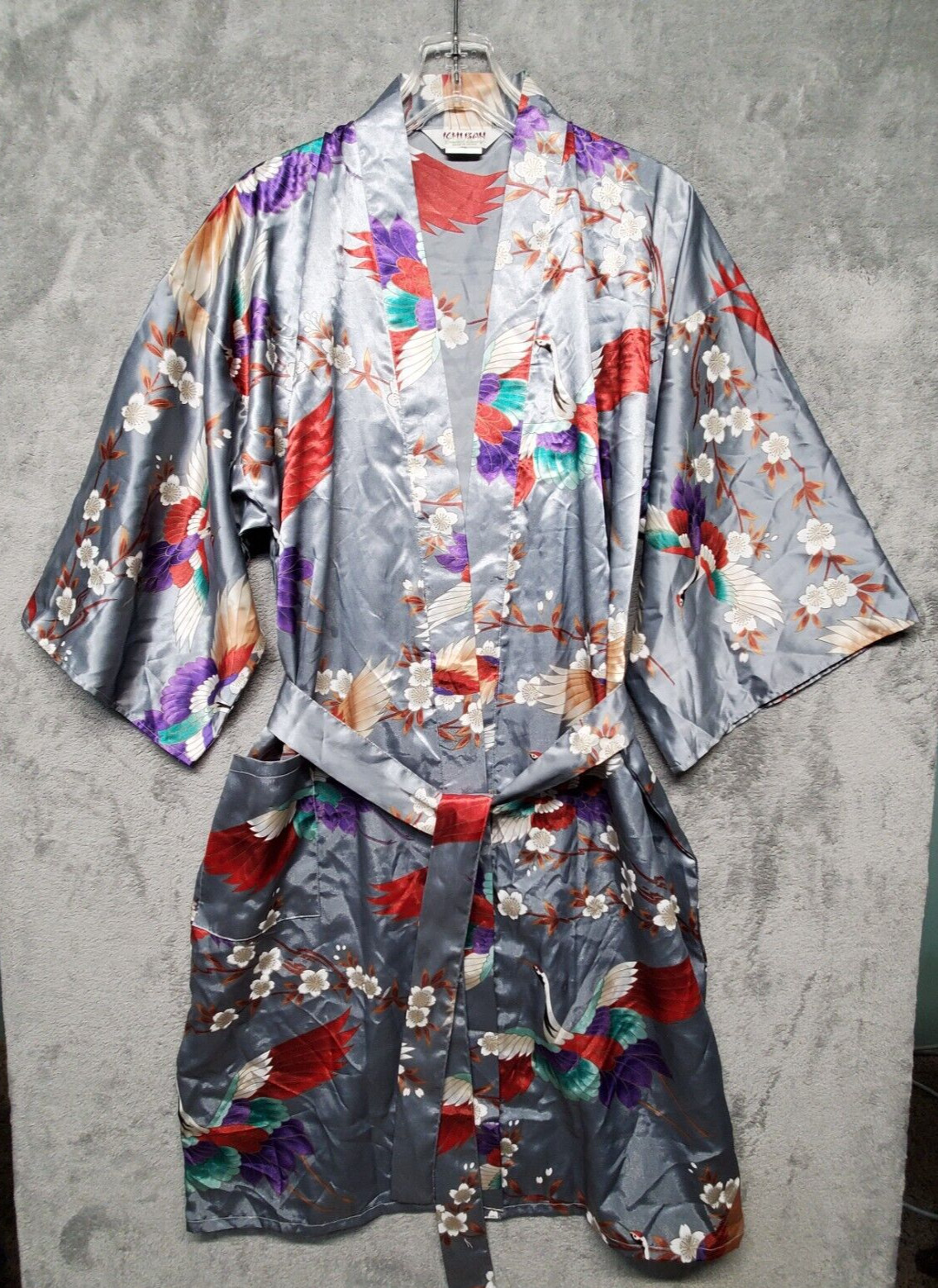 IchiBan Kimono Womens 42 Large Gray Floral Bird Belted Made in Japan Robe Geisha