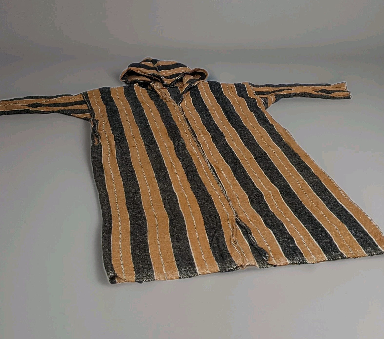Vtg Handmade Moroccan Djellabah Stripes Jellaba Kaftan Wool Hooded Thobe Long