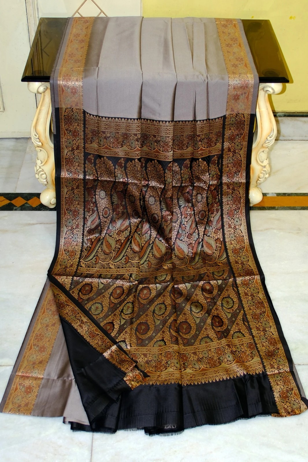 Women Grey Gadwal Silk Saree Pashmina Thread Work With Blouse Piece