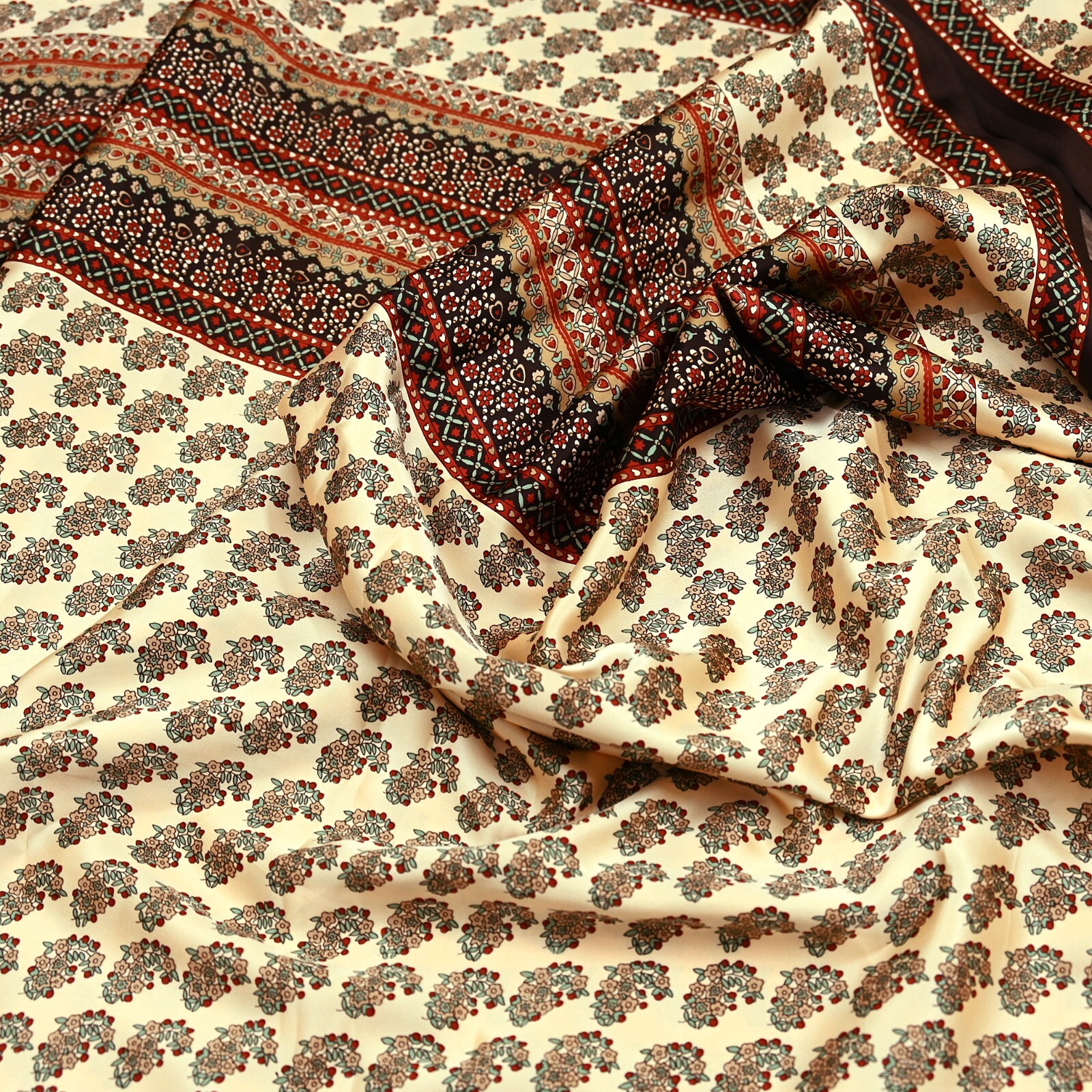 Indian Vintage Saree Beige Satin Printed Sari 5yd Sewing Floral Soft Craft Fabri