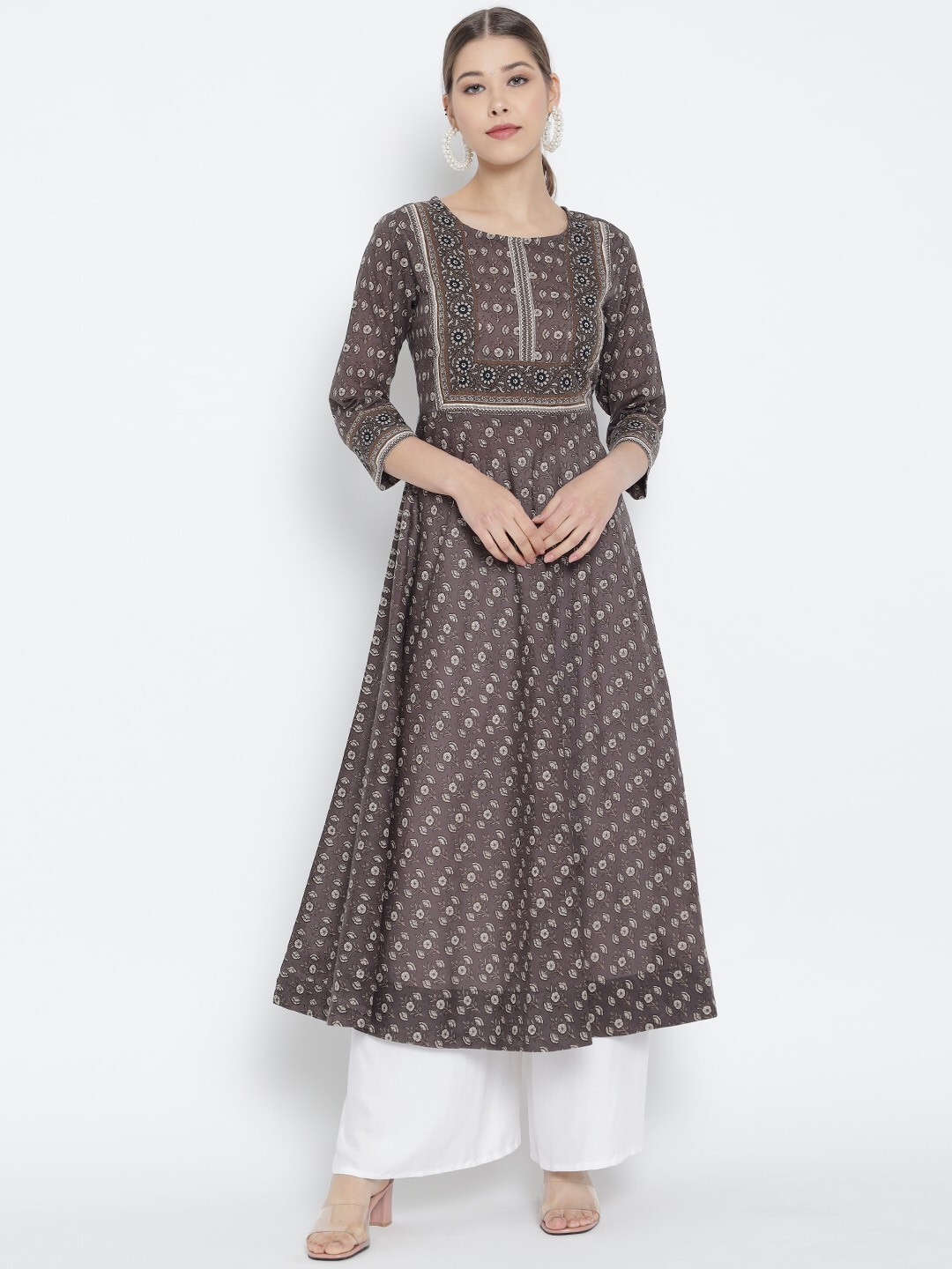YASH GALLERY Women’s Cotton Floral Printed Grey Anarkali Kurti