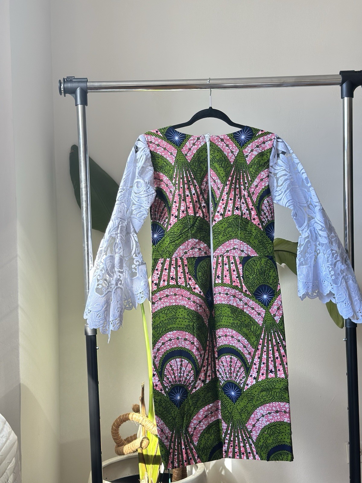 Handmade African Kaftan Dress with White Lace Sleeves Multi-Color for Women M