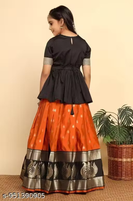 Kids Designer Silk Lehenga Choli with Round Neck and Puff Sleeves Festive Wear