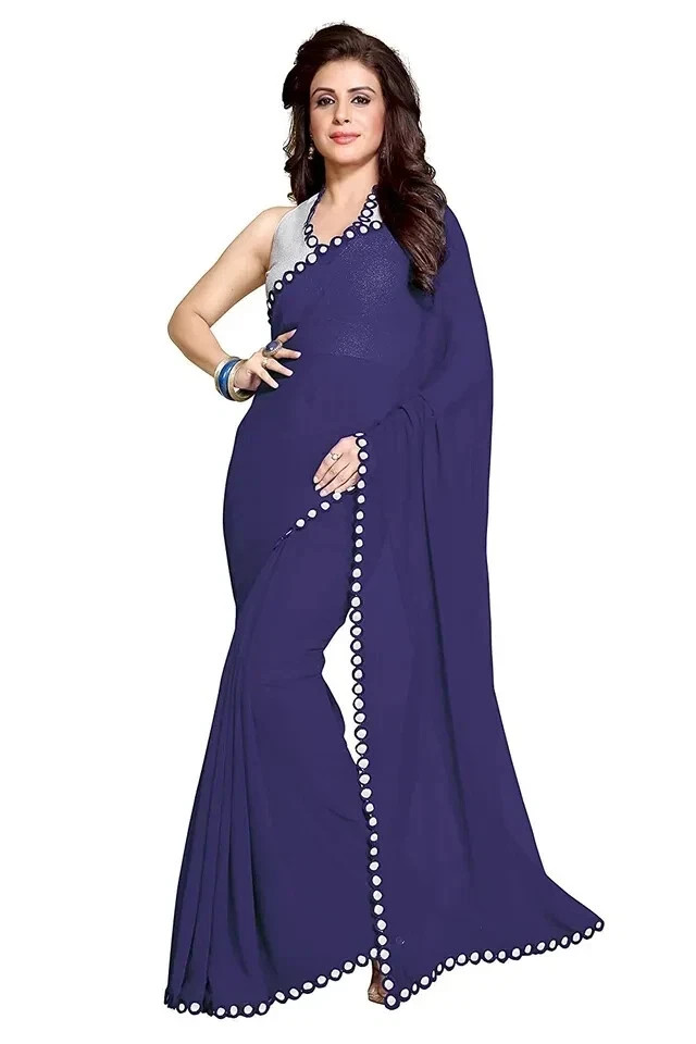 Women Georgette Designer Mirror Border work Plain Saree Violet 1 Pcs For Wedding